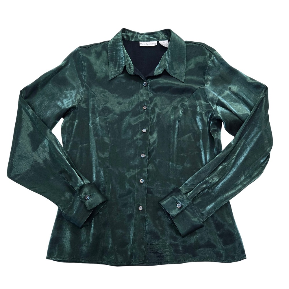 Paris Sport Club Womens Emerald Green Shimmer Button Down Blouse Vintage Size M